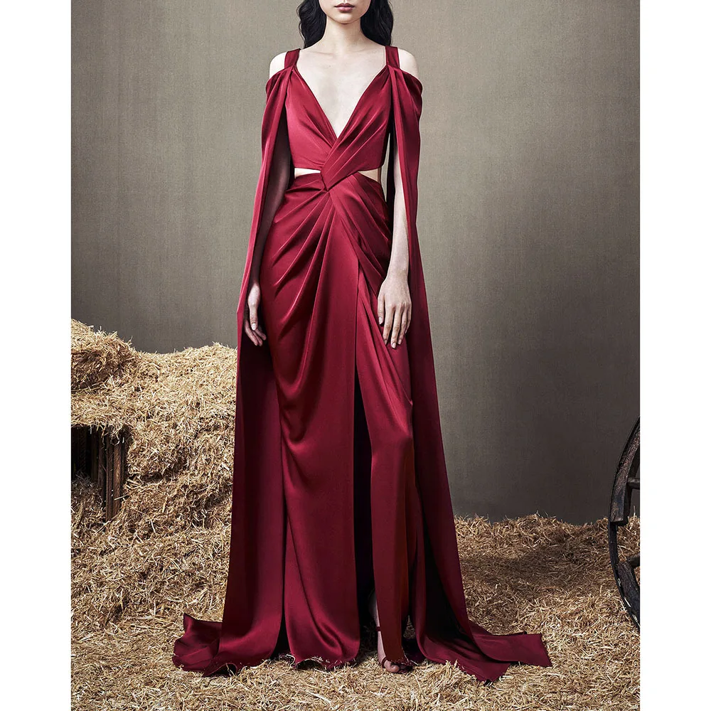

Customized Elegant Red Evening Dresses Wide Shoulder Strap V-Neck Long A-Line Prom Dresses Floor Length Evening Party Dresses
