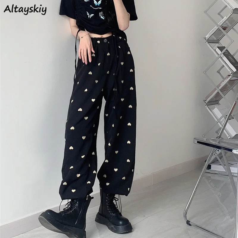 Casual Pants Women Love-printed Baggy Hot S-4XL Wide-leg Sweet Girls Streetwear Chic Trousers Button-fly All-match Empire Female