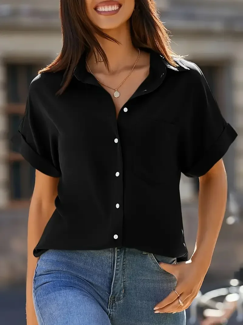 Spring/Summer Plus Size 1XL-5XL Women's Casual Solid Color Button-Up Short Slee… - Image 5