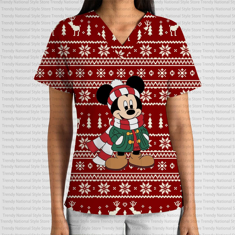 المرأة ديزني ميكي وميني عيد الميلاد جمع قصيرة الأكمام العمل موحدة الخامس الرقبة طباعة فرك أعلى هدية عيد ميلاد تي شيرت