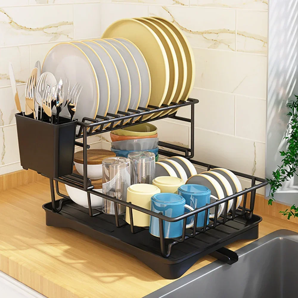 

Space With 1 Spout Saver 360° Kitchen Utensil Holder, 2-tier Drainer Drainboard, Counter Dish Metal Drying Swivel Rack