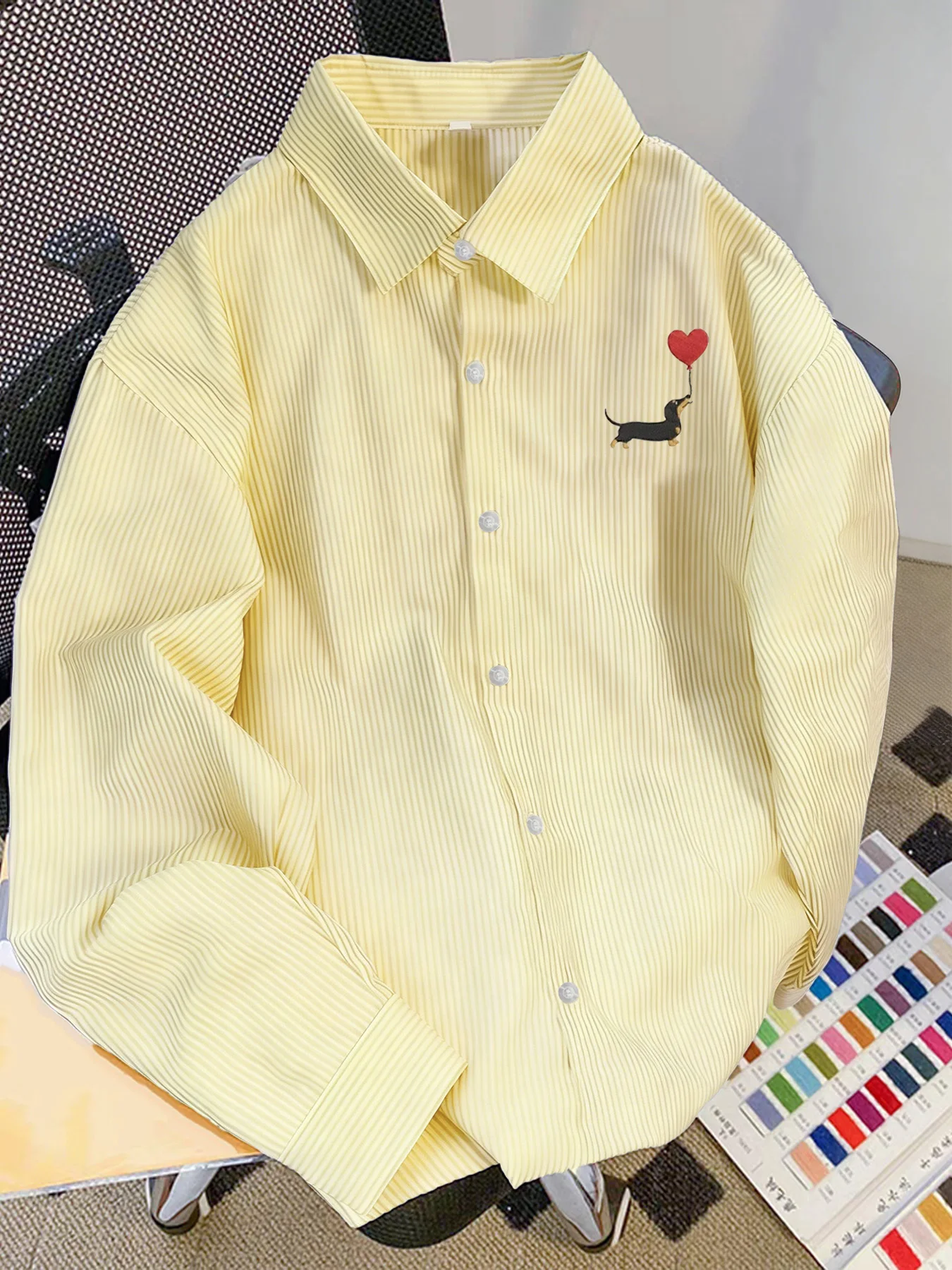 Spring and Autumn Trendy Men's Clothing Cartoon Walking Dog Pattern Striped Long-Sleeve Shirt Casual Versatile Layering Shirt