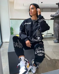 Kadın kıyafet mektubu baskı gevşek 2 iki parçalı Set Streetwear eşofman kazak Joggers pantolon eşleşen topluluk Femme 2 parça