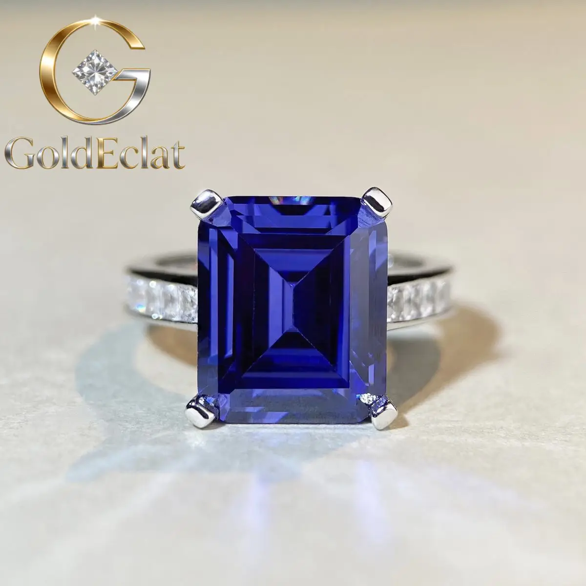 

GoldEclat Luxury Solid Platinum PT950 Women's dark blue Moissanite Diamond Ring Classic Four Claw Ring