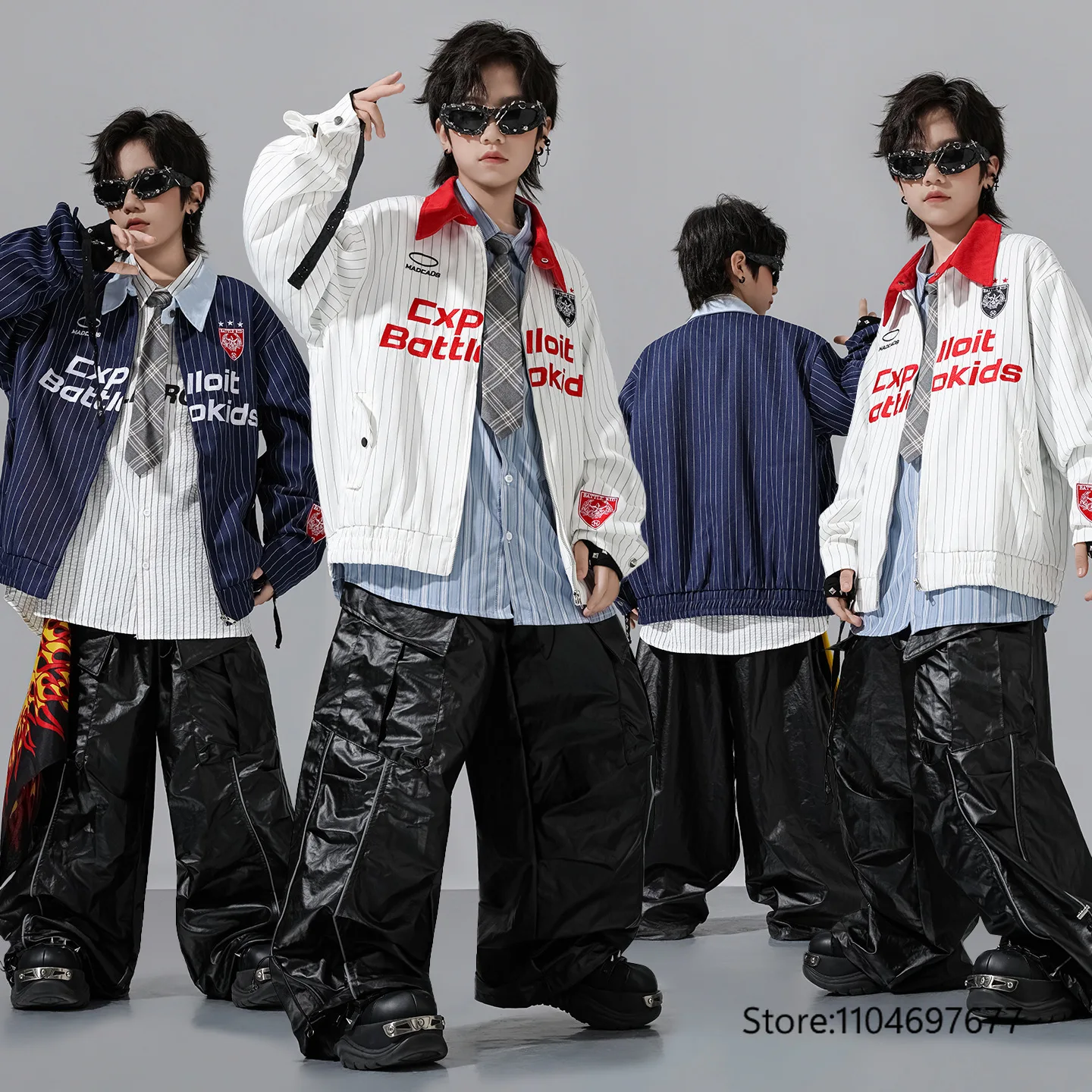 Boys K-pop Contrast Blue Shiny Jacket Street Dance Cargo Pants Girl Hip Hop Streetwear Kids Jazz Costume Children Clothes Set