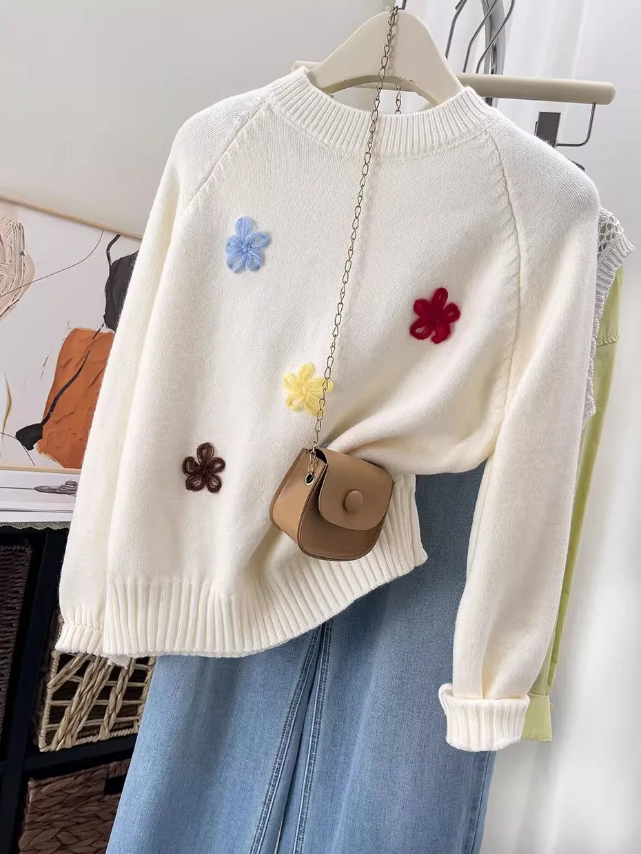 

Large Size Women's Knitted round Ne Top Autumn Winter Loose Slimming Sli Base irt Sweater Commute Sle Floral Decora...