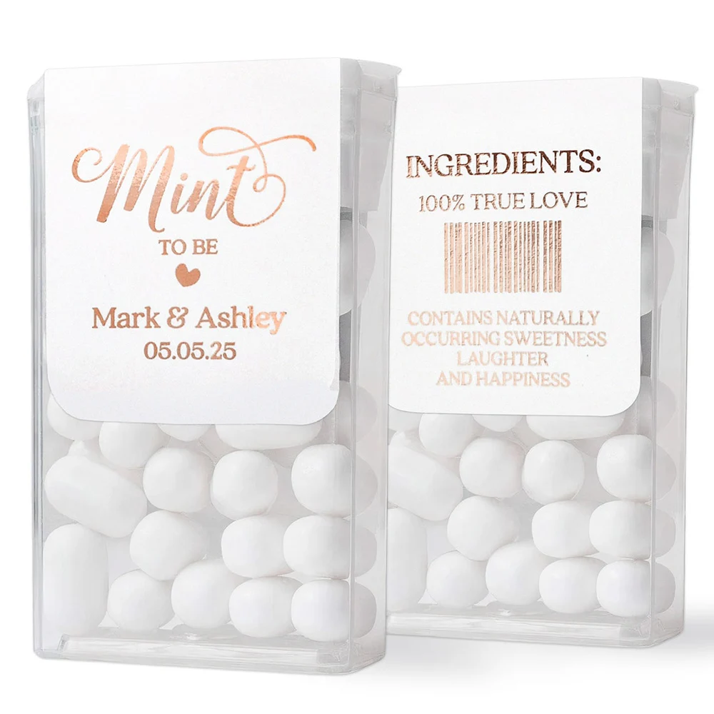 Custom Personalized Labels for Wedding Favors Bridal shower Rose Gold Silver Mint to be Tic Tac Stickers for mini freshmints box view 6