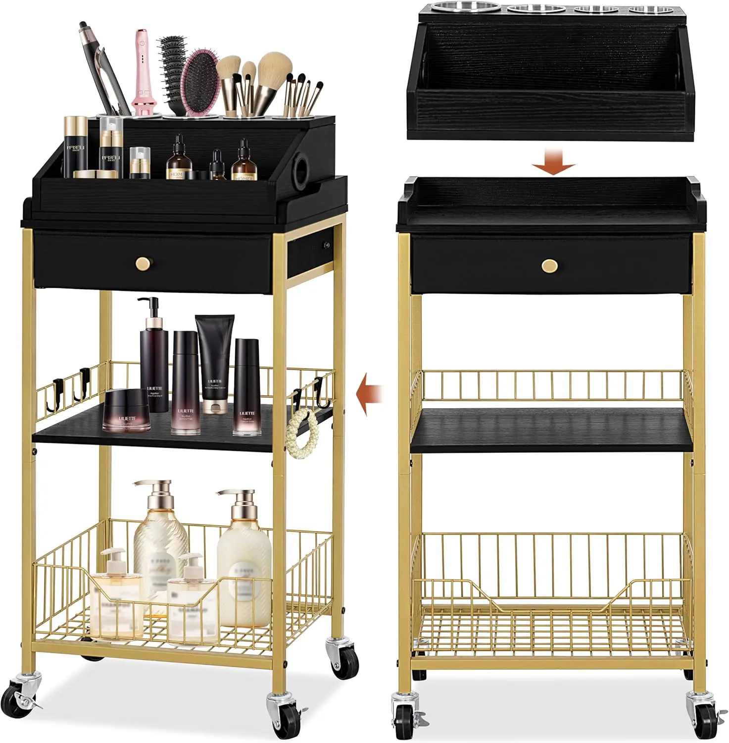 

Large Makeup Organizer Cart with Hair Tool Holder, Rolling Storage Drawer, 2-in-1 Vanity Display for Skin Care Perfume Nail