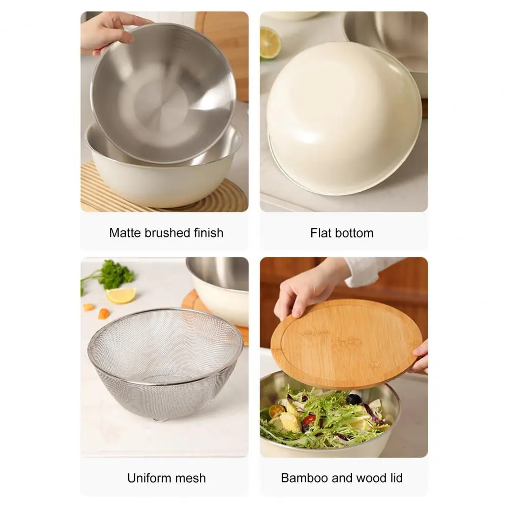 Micro-hole Drain Basket Smooth Touch Mixing Bowl Stainless Steel Drain Basket Set with Lid Fine Mesh Kitchen Colander for Fruits