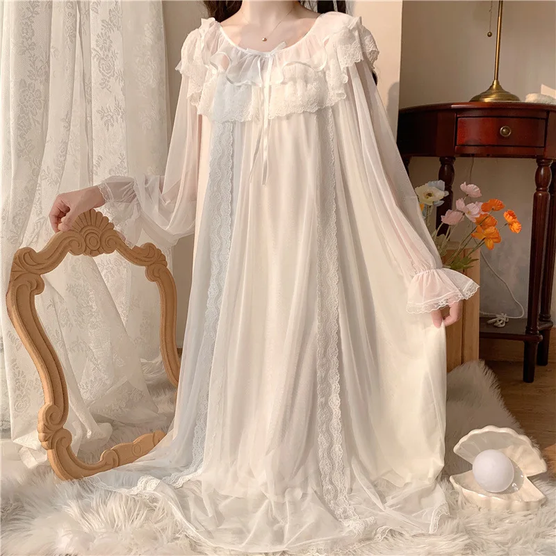 White Lace Mesh Fairy Night Dress Women Lolita Dress Princess Sleepwear Victorian Vintage Nightgown Kawaii Nightdress Loungewear