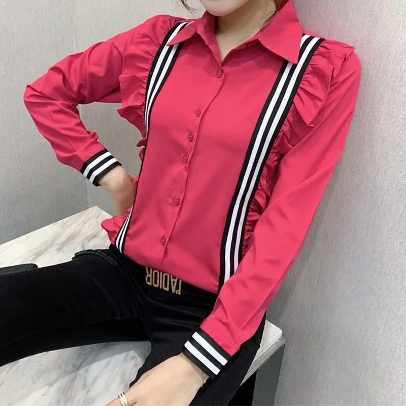 Slim Fashion Turn-down Collar Button Shirt for Female Spring Autumn Korean All-match Ruffles Spliced Blouse Women\'s Clothing