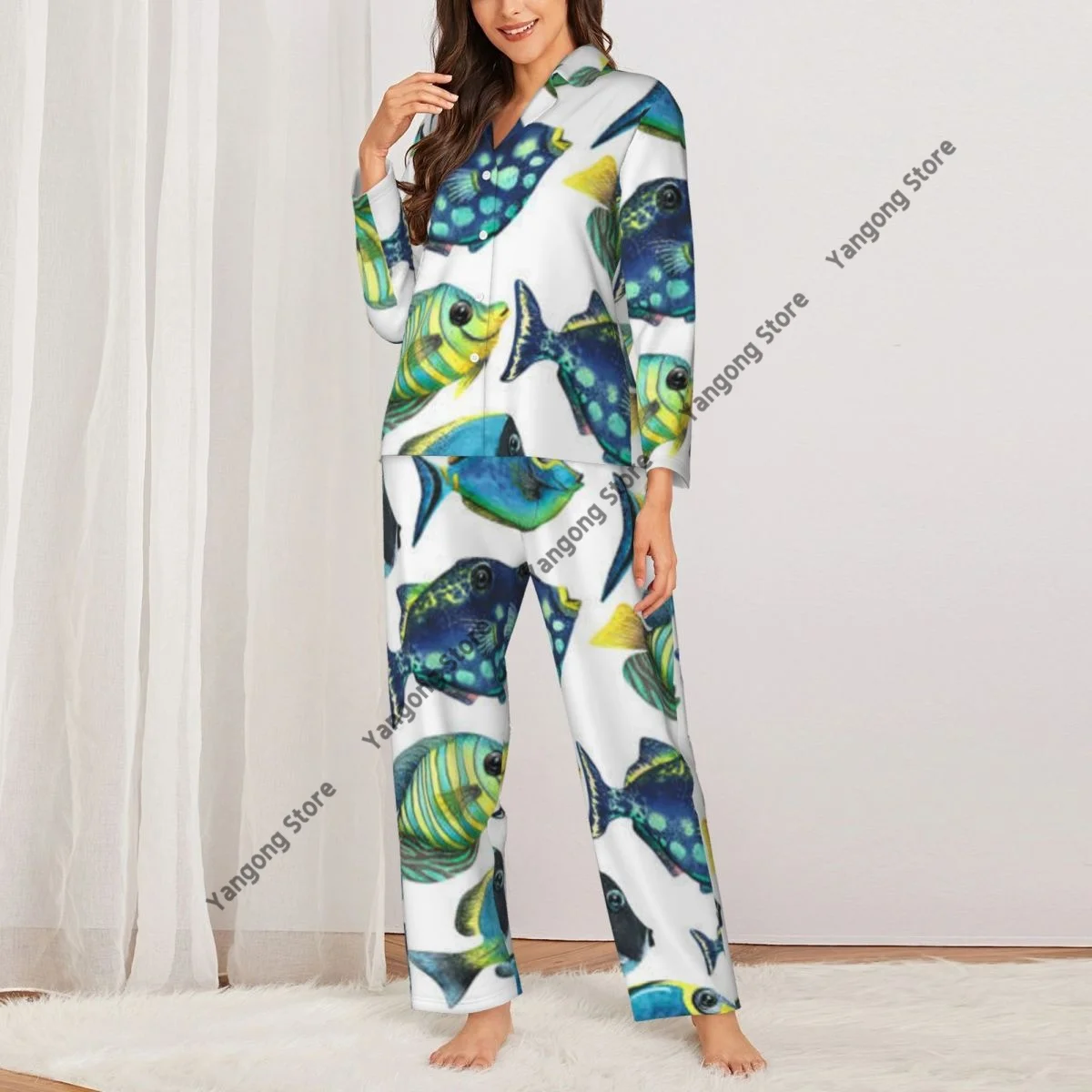 Women's Pajamas Long-sleeved Girl Loungewear Two-piece Set Tropical Fish- Watercolor Pajamas for Autumn Spring