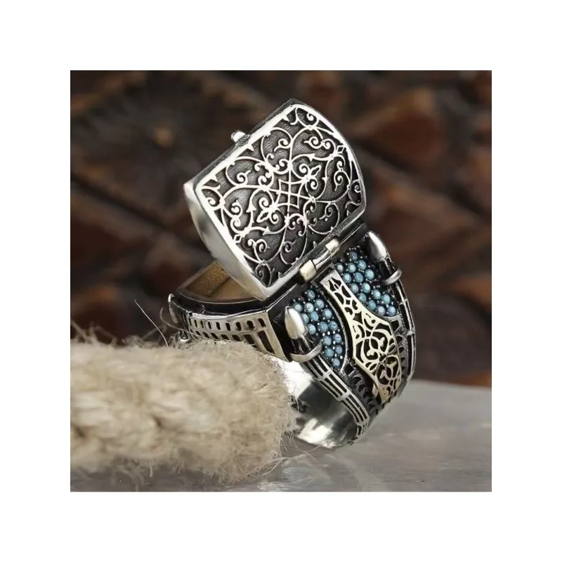 Luxurious carved craftsmanship retro flip ring armor shield shaped men's hand jewelry