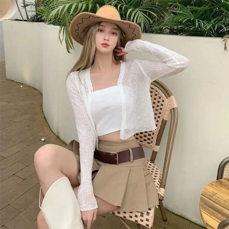 Thin Ice Silk Cardigan White Women Long Sleeve Knit Coat Slim Crop Top Korean Fashion Simple Casual Sunscreen Clothing Wholesale