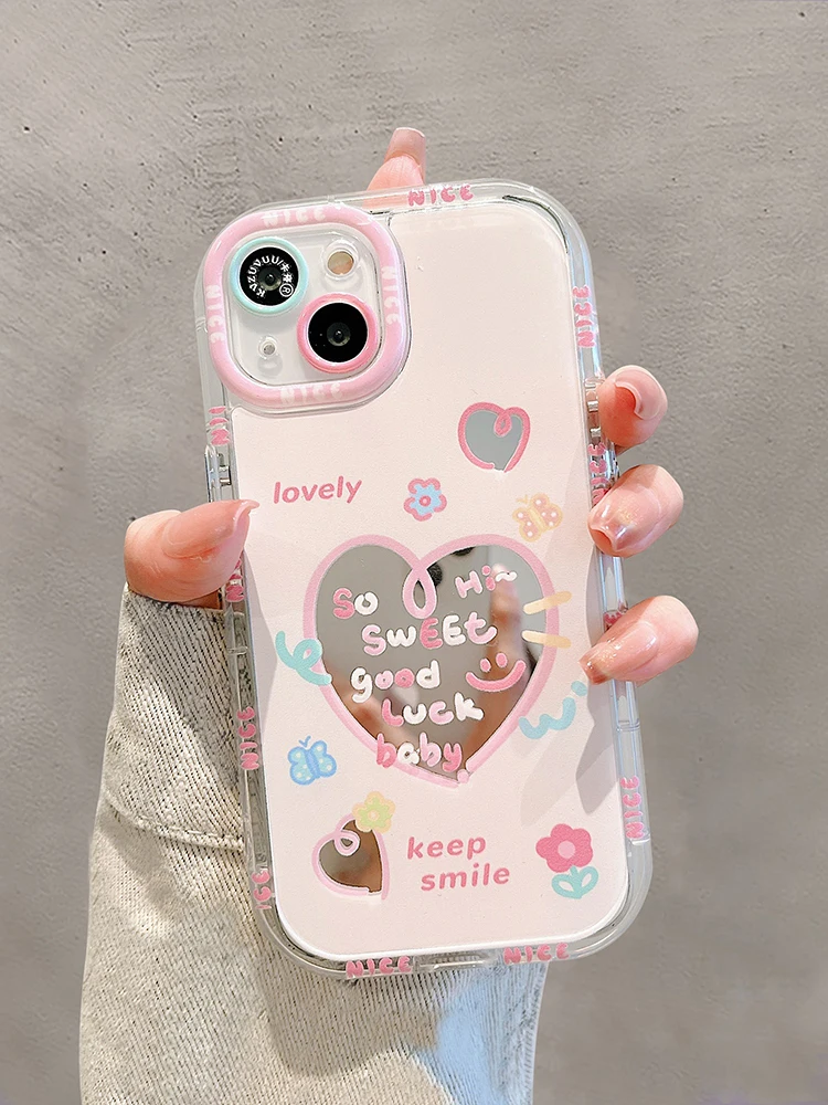 Sweet Heart Good Luck Bow Mirror Hard Case For iPhone 16 15 14 13 12 Mini 11 Pro Max X XR XS Soft Bumper Phone Cover Y2k Girls