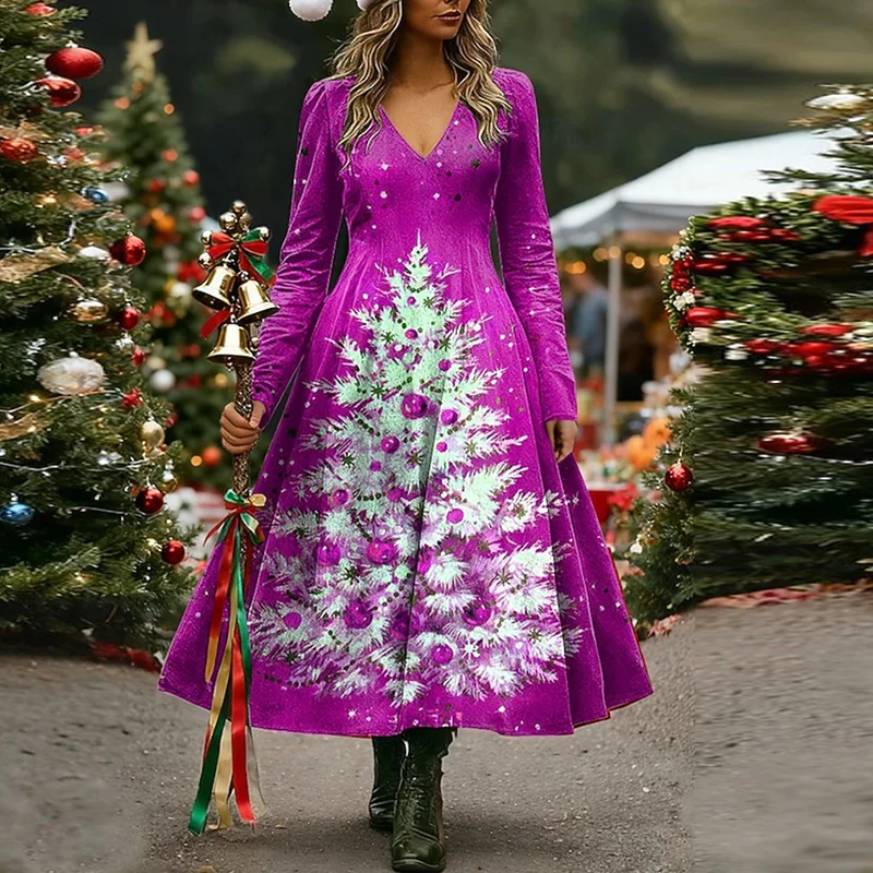 가을 겨울 여성 크리스마스 프린트 드레스 파티 드레스 축제 빈티지 브이넥 긴팔 캐주얼 롱 드레스 분위기 있는 옷
