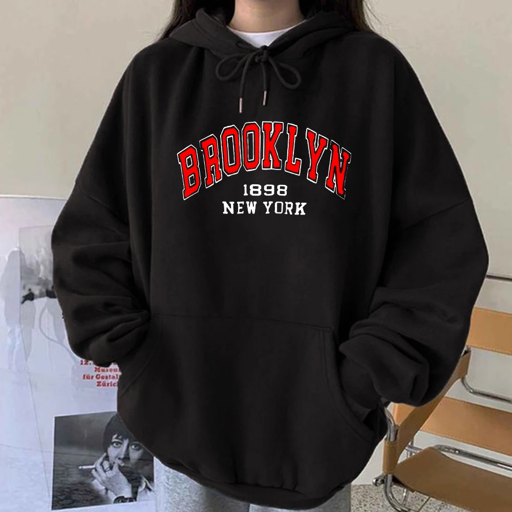 Seeyoushy Harajuku Vintage Women Hoodie Sweatshirts Brooklyn 1898 New York Print Woman Drop Shoulder Pullovers Hoodies Hoodied