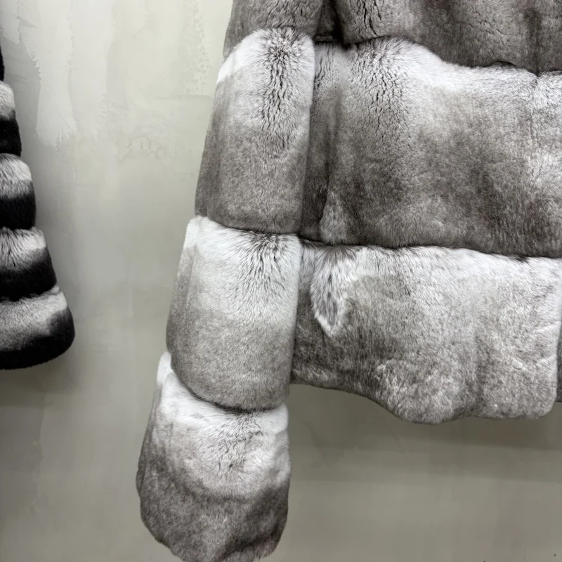 Women Real Rex Rabbit Fur Coat Stand Collar Short Jacket Chinchilla‑Look Pattern Horizontal Stripe Winter Warm Female Coat