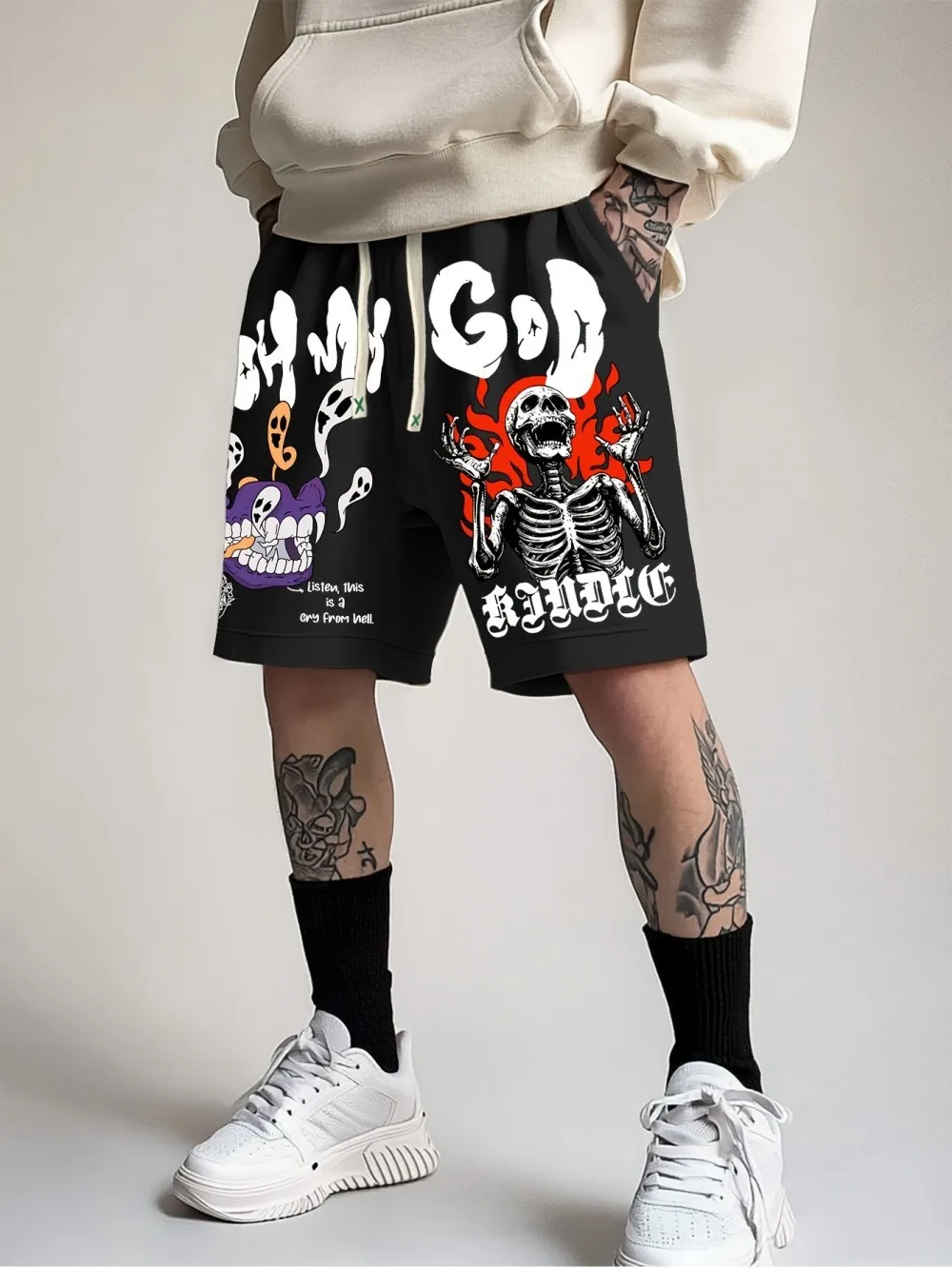 European and American Men's Summer Skull Letter Print Comfortable Breathable Drawstring Shorts Outdoor Street Pants