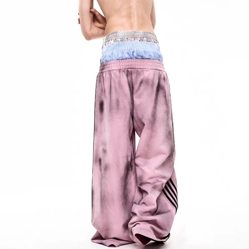 LUZHEN Fashion Personalized Splicing High Waist Straight Sports Casual Pants Men's 2025 Printed Stripe Wide Leg Trousers JY4552