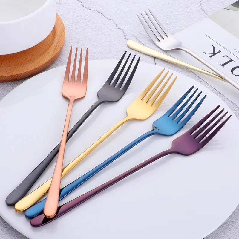 Hot 7PCS/1 Lot Korea Stainless Steel Dinner Fork Mirror Polish Long Handled Dessert Fork For Dessert Salad Colourful Tableware