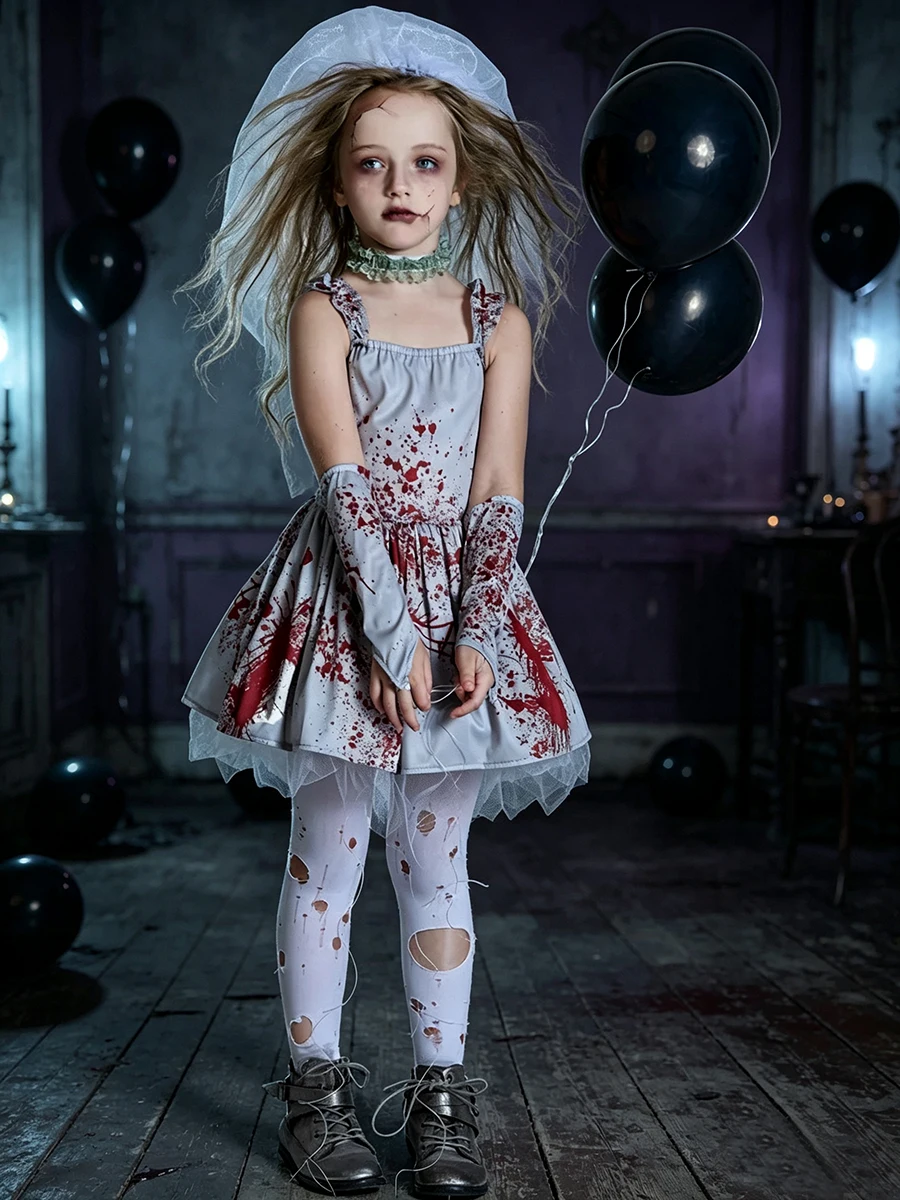 Umorden Horror Scary Bloody Zombie Bride Costume for Girls Child Kids Tween Teens 4-16Y Halloween Fancy Dress view 6