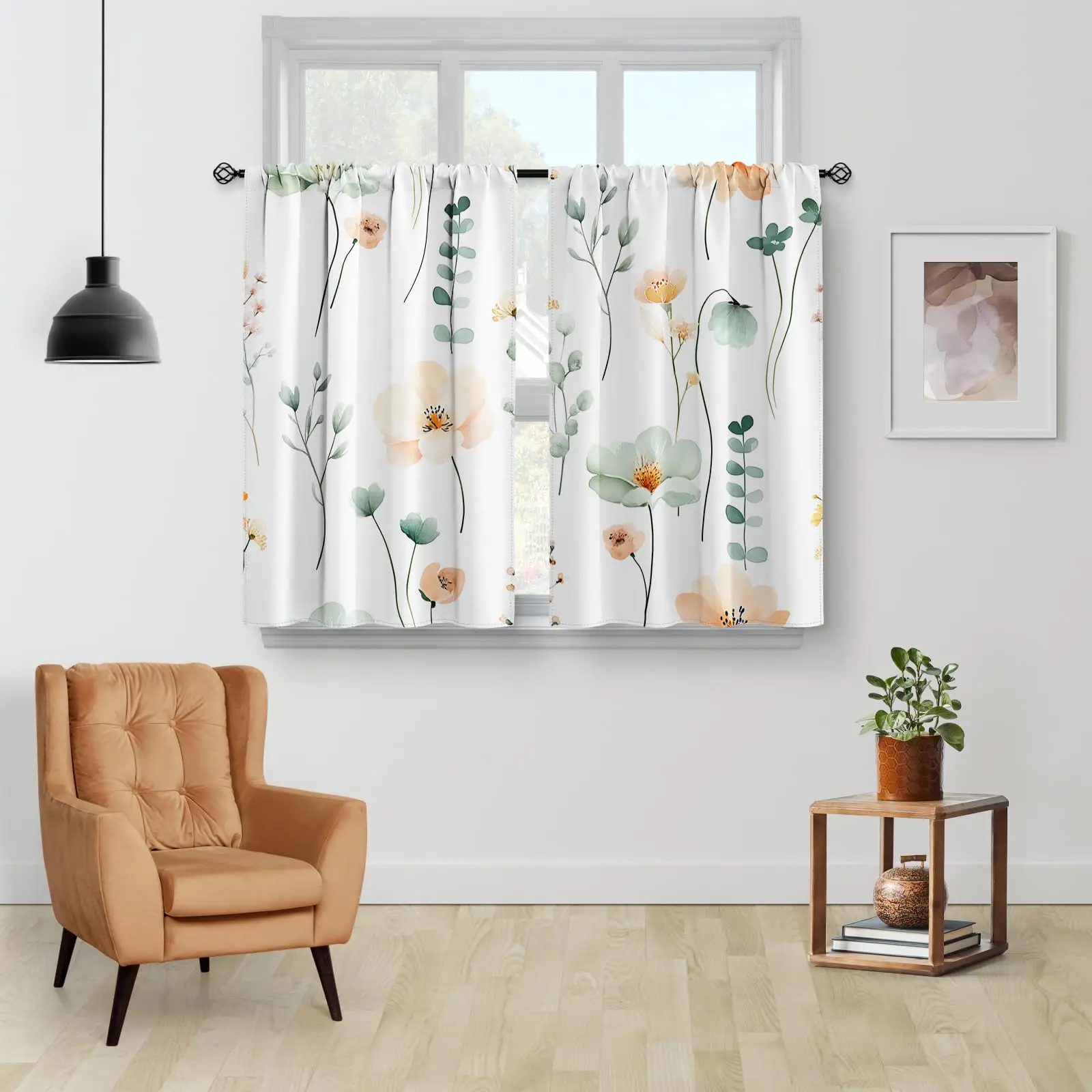 Watercolor Floral Kitchen Curtains Sage Green Beige Spring Flower Tier Cafe Curtains Bathroom Modern Drapes 2 Panels
