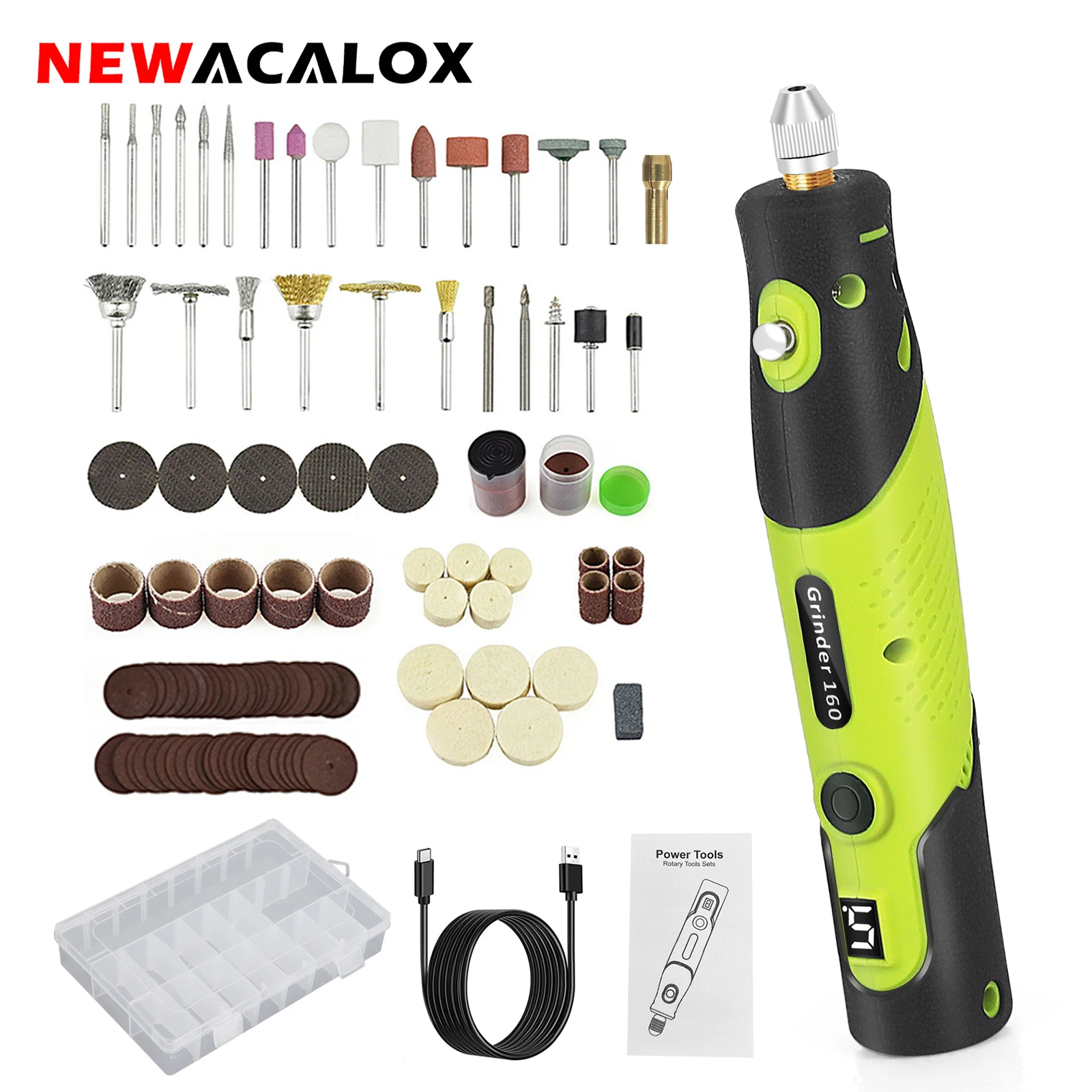 NEWACALOX 3.7V Mini Rotary Tool Kit with 100 Accessories LCD 5-Speed USB Charging Power Rotary Tool for Sanding, Polishing