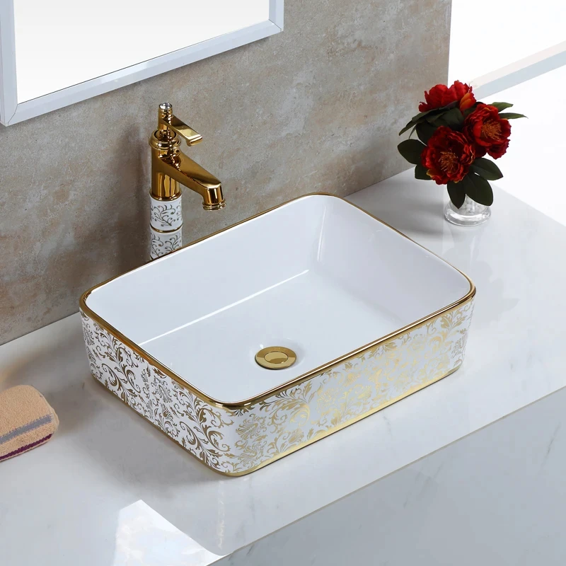 CX149FS Modern Flower Design Art Ceramic Bathroom Sink Set Above Counter Countertop Sink Golden Bath Vessel Sink Shampoo Sink