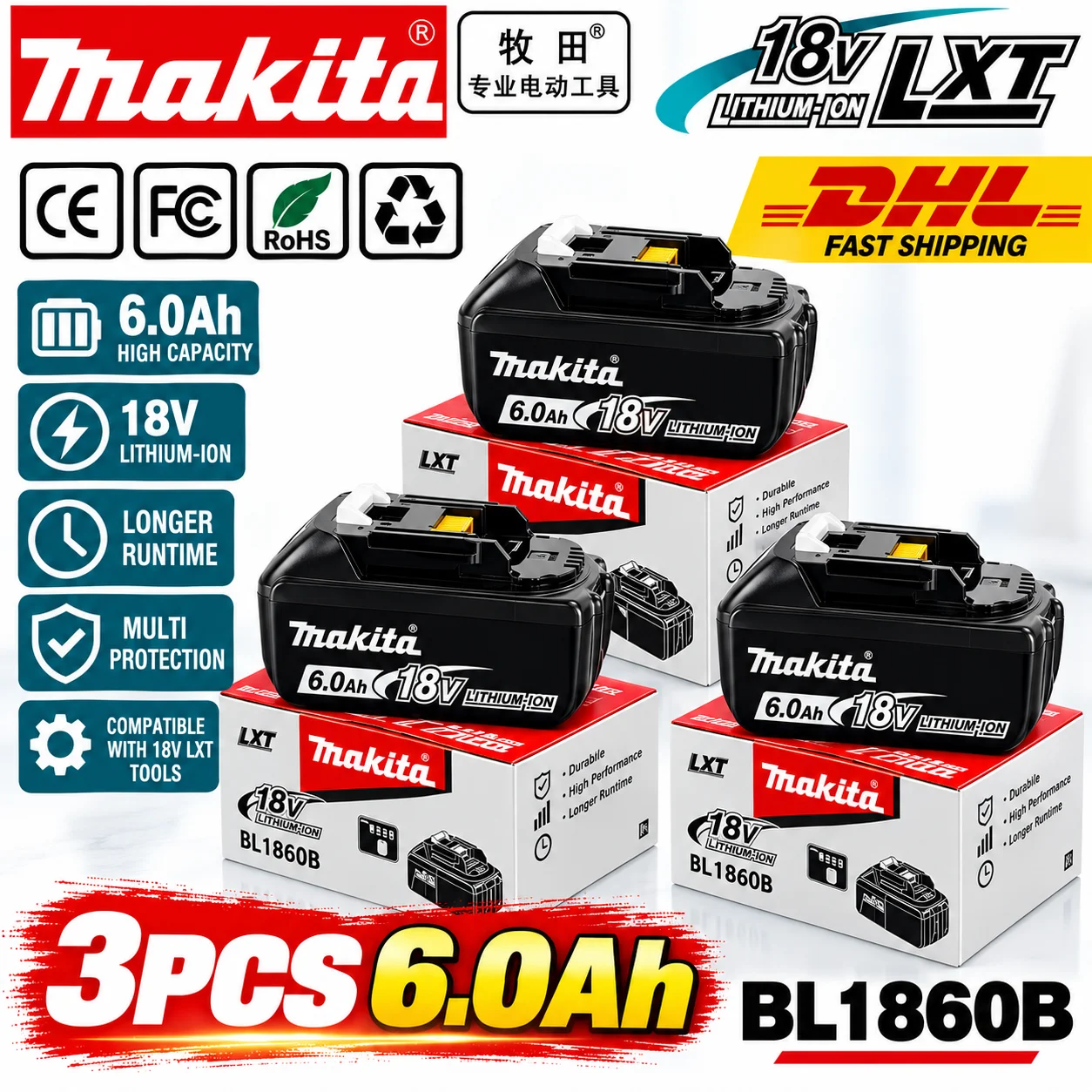 정품 6AH Makita BL1860 6Ah 배터리 전동 공구 리튬 이온 교체용 LXT BL1850 BL1840 18V 스크류드라이버용 BMS 18V 배터리 포함