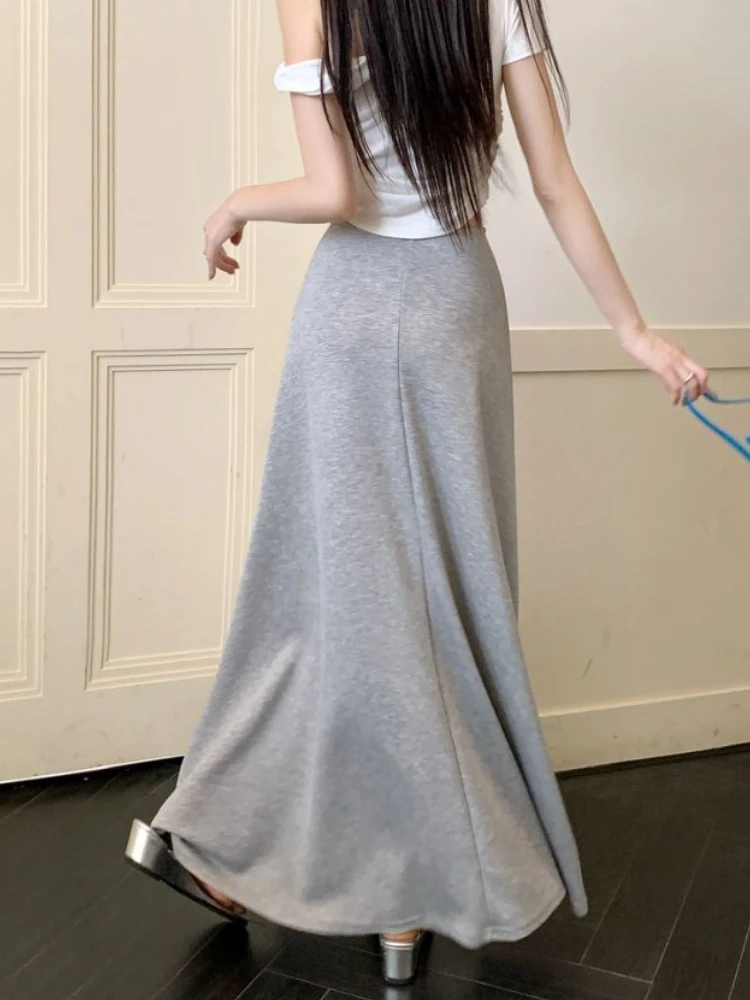 Qiukichonson Grey Black Long Skirts Womens Knitted Skirt 2025 Spring Autumn Korean Goth High Waisted Ruffle Pleated Skirts rok
