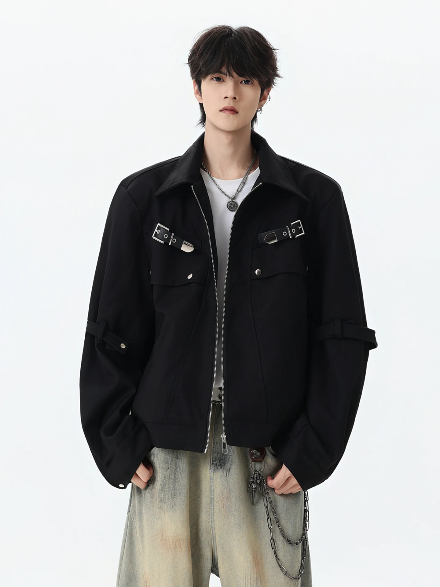 American Style Metal Deconstructed Belted Black Motorcycle Jacket Men's Spring Autumn Trendy Outerwear Loose Fit Long Sleeve ...