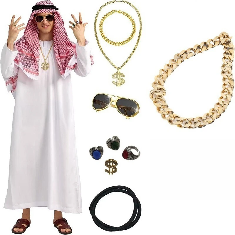 دبي الشيخ هالوين الزي |   طقم روب عربي للرجال والنساء (زي الإمارات العربية المتحدة، إكسسوارات كاملة)