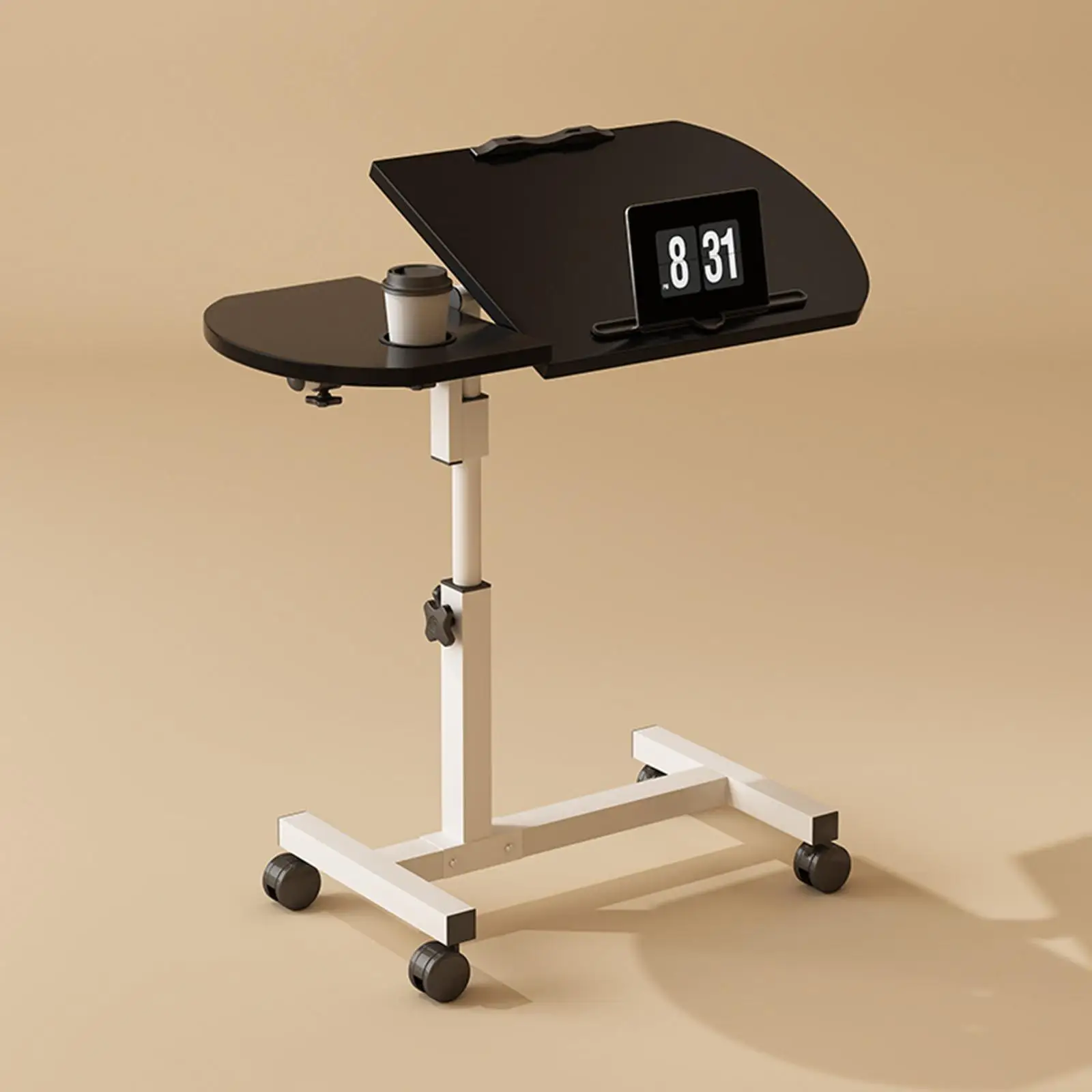 Overbed Table with Swivel Wheel Adjustable Height 60cm to 95cm H Shaped Base Mobile Standing Desk Rolling Computer Cart Office