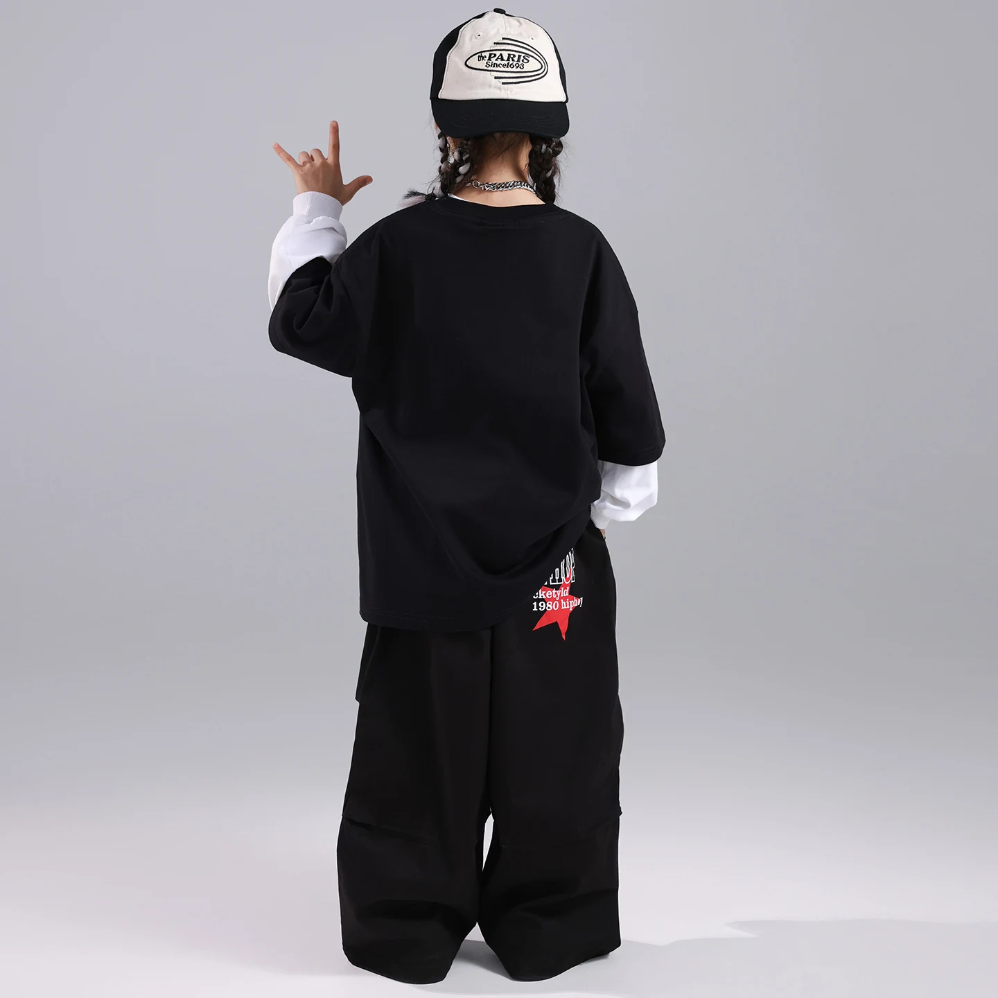 新しい子供社交ヒップホップダンス衣装女の子のためのルーズシャツ黒パンツストリートウェア男の子ジャズパフォーマンススーツ DQS21217