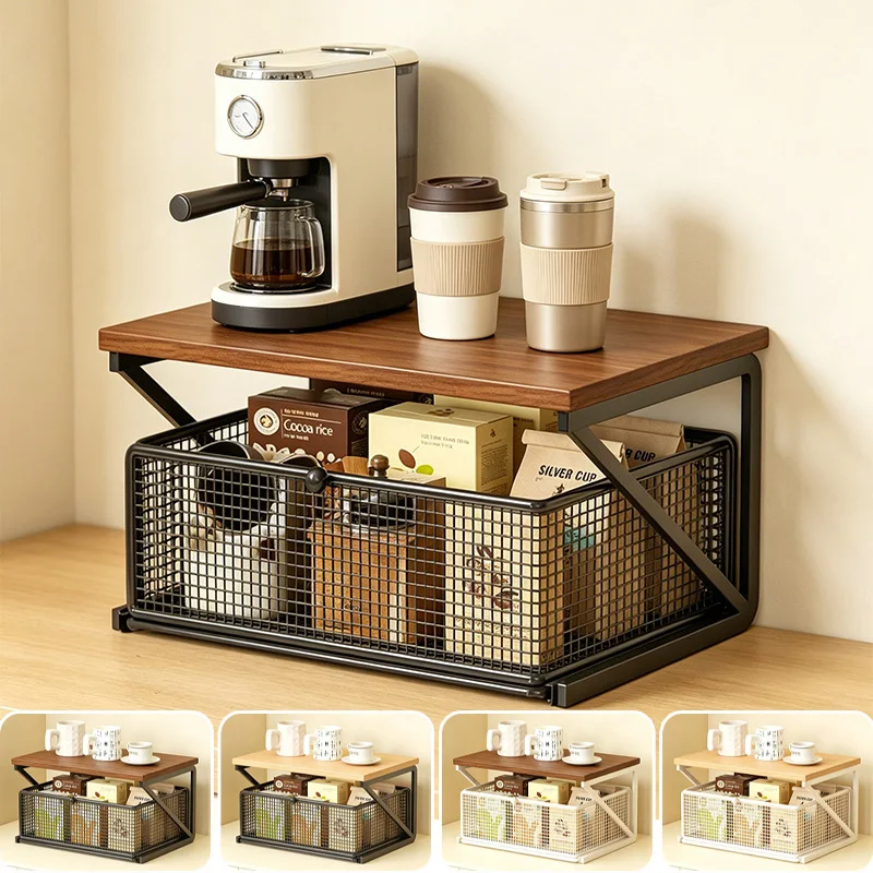 

1 Layer Space Saving Kitchen Countertop Organizer Iron Wood Drawer Type Rack For Coffee Station Spice Bottles Utensils Storage