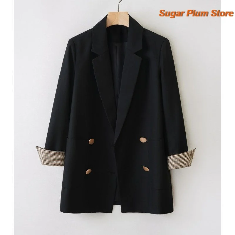 French Minimalist Women's Early Autumn New Retro British Style Loose and Slim High-end Double-breasted Black Lapel Suit Jacket
