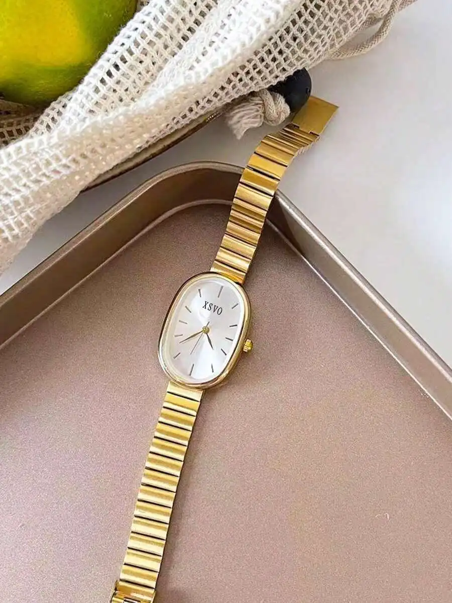 1pc Women's Minimalist Oval-Shaped Fashion Studded Scaled Small Dial Bamboo Strap Quartz Watch, Suitable For Daily Matching,
