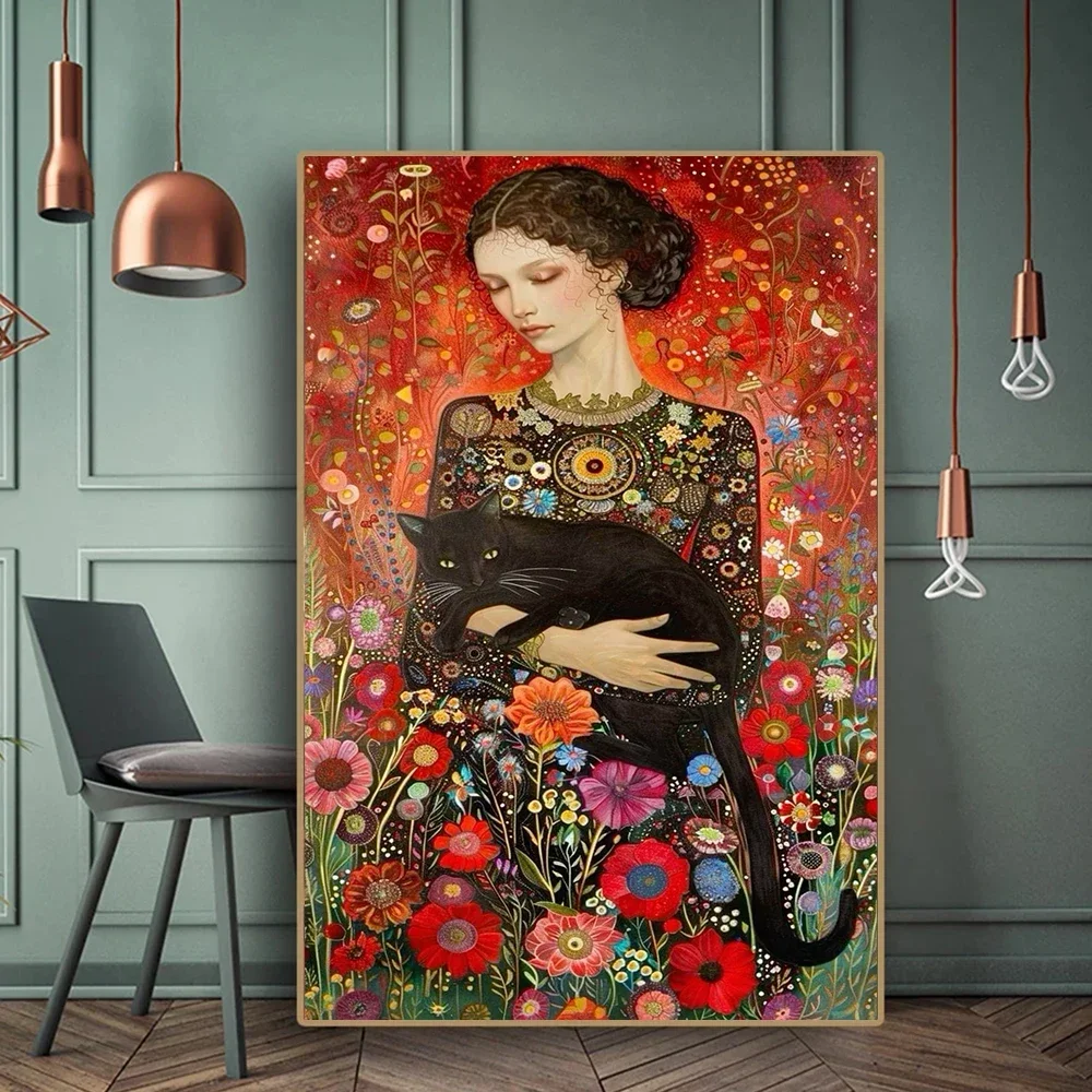 Abstract Woman And Cat Canvas Painting Wall Art Gustav Klimt Art Elegant Girl Poster Prints For Office Living Room Home Decor