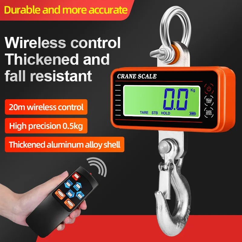 Digital Hanging Scales 1500kg/1000KG/500kg Heavy Duty Crane Scale LCD Industrial Hook Alloy Weighing Blance 65ft Remote Control