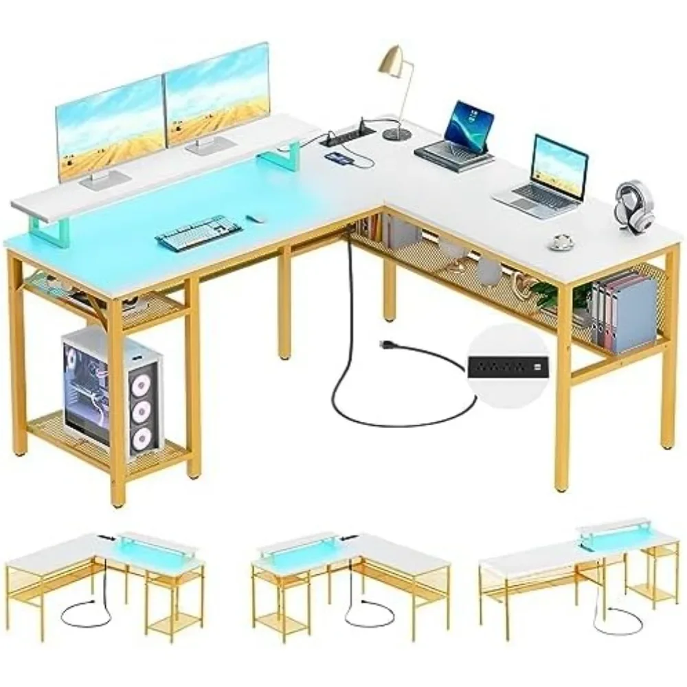 Reversible L Shaped Desk with Power Outlets and Smart LED Light, 55 Inch Computer Office Desk, Unique Grid Design