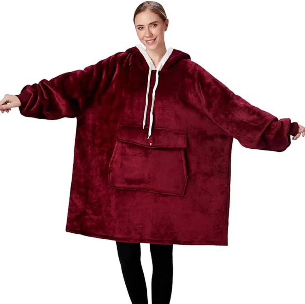 Oversized Wearable Blanket Hoodie, Comfy Sherpa Sweatshirt Pullover Jacket (Large Pocket, Burgundy, Adult)