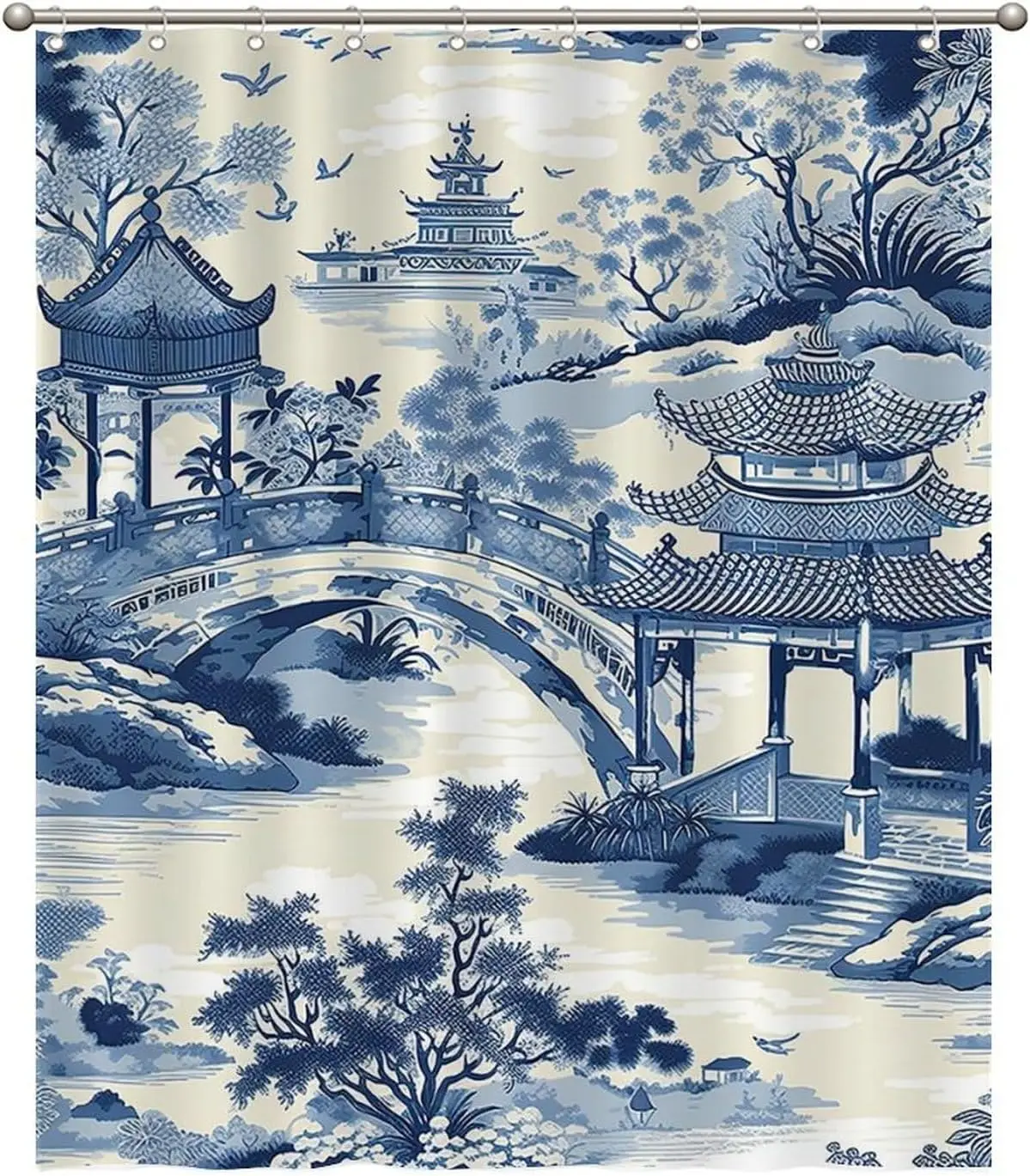 

Chinoiserie Blue Pagoda Shower Curtain-Oriental Asian Bathroom Decor Waterproof Polyester with Hooks,Ancient China Garden Design