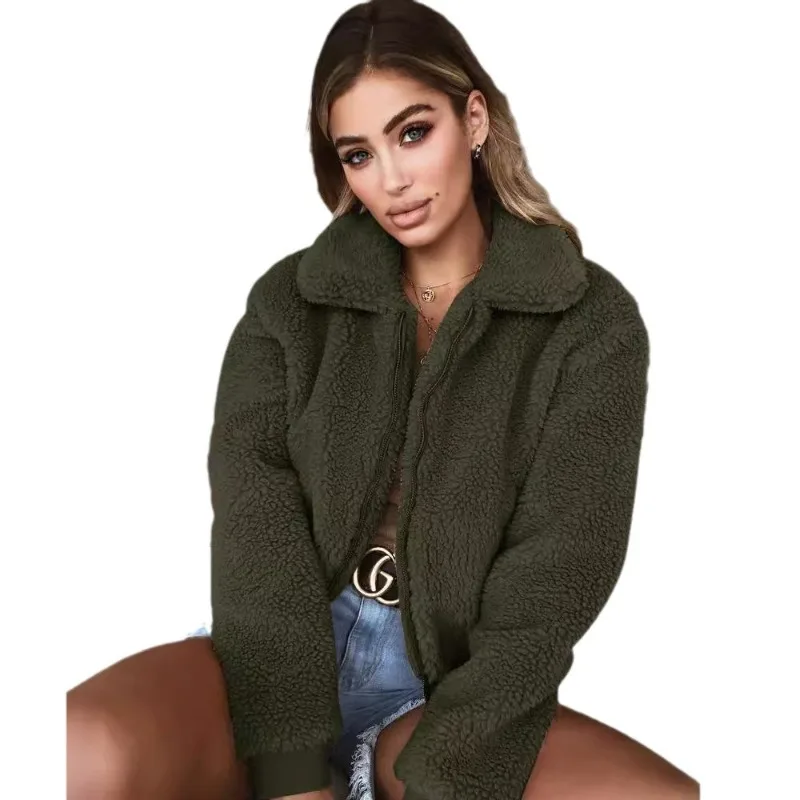Damska kurtka zimowa zapinana na zamek, ocieplana sztucznym futrem, odzież wierzchnia, długi rękaw, kurtki polarowe, sweter, puszysty płaszcz, stylowa odzież wierzchnia damska.