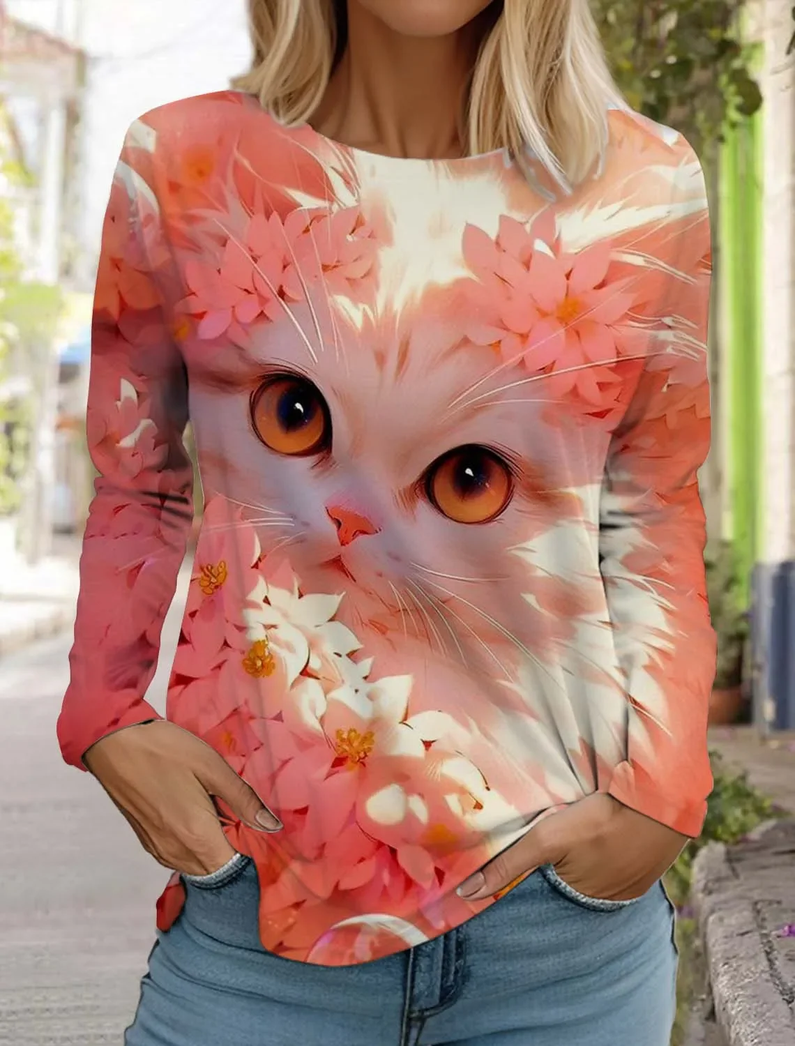 Cute Cat Women's Long Sleeves T-Shirt Round Neck Long Sleeved Autumn Animal Clothing Holiday Gift Clothing Fashion Party T-Shirt