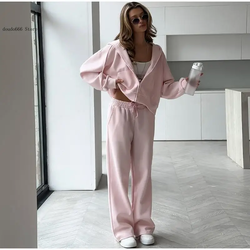 Autumn Office Commute Outfit Zipper Hooded Long Sleeves Sets Women's Casual Straight Wide Leg Long Pants Suit