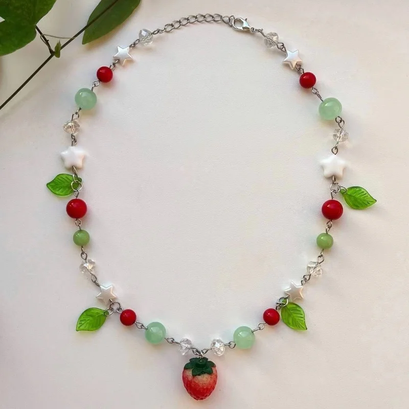 Handmade strawberry necklace, star, Green Leaf Strawberry Design | gift | Fashion Fairy Core