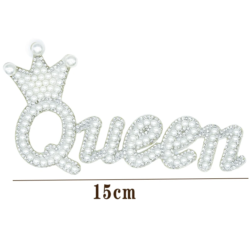 1pc Pearl Queen Patches Clothes Rhinestone Applique Patch Crystal Pearl Letter Patches