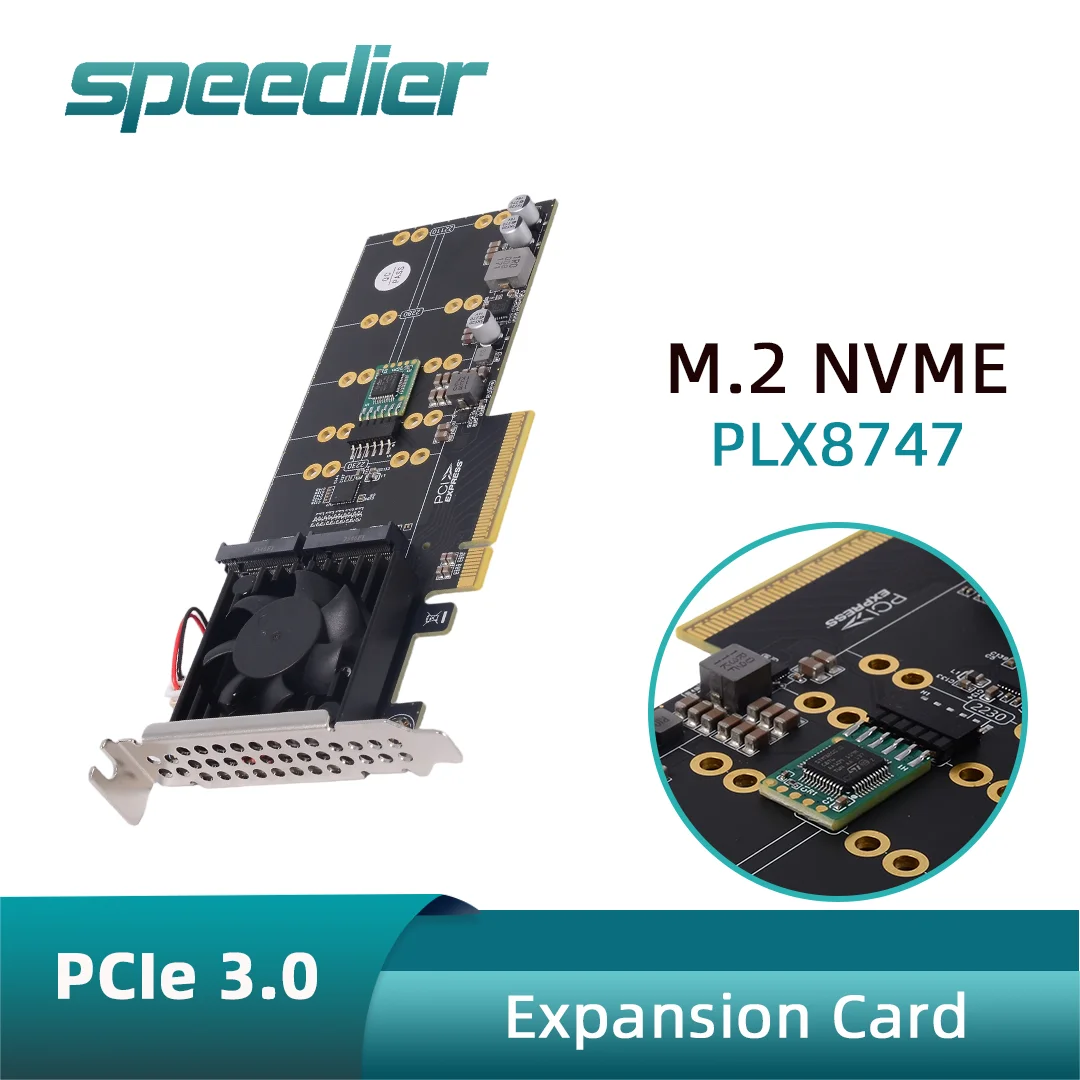 4-Bay M.2 NVMe Expansion Card PLX8747 No Motherboard Splitting Silent Cooling PCIe 3.0 X8 for x1/x4/x8/x16 SSDs Plug Play mute