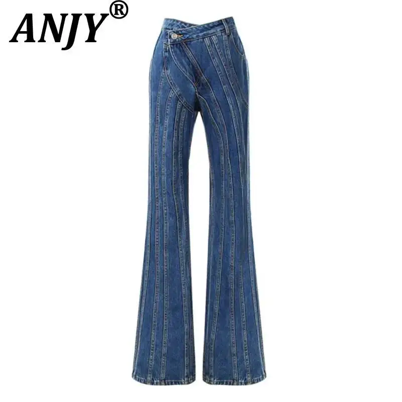 ANJY Spring Autumn New Women's Niche Asymmetric Slanted Waistband Design Jeans Multi-line Split Patchwork Cut Denim Pants A25707